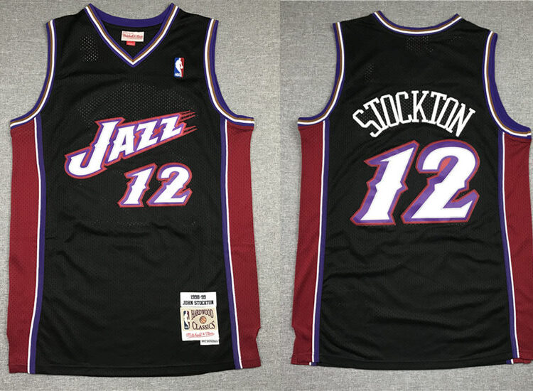 Men's Utah Jazz #12 John Stockton Black 1998-99 Hardwood Classics Throwback Jersey