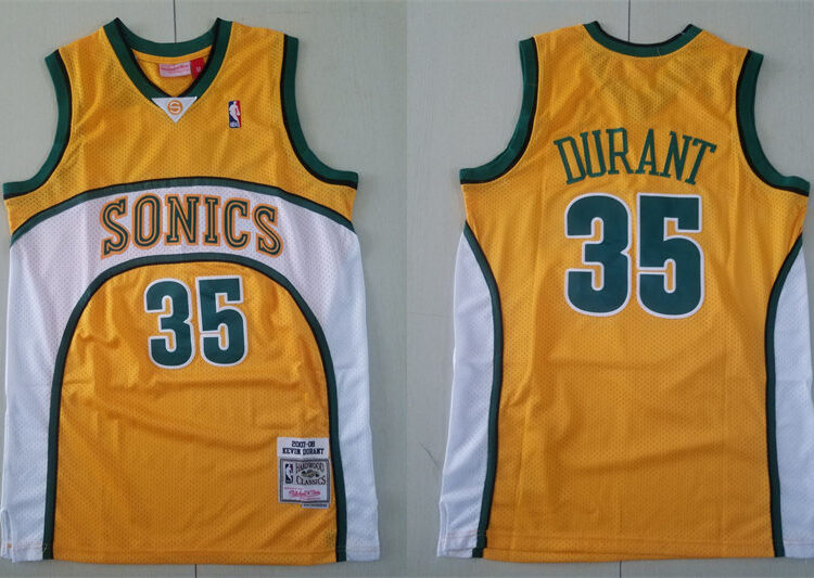 Men's Seattle Supersonics #35 Kevin Durant Yellow 2007-08 Hardwood Classics Throwback Jersey