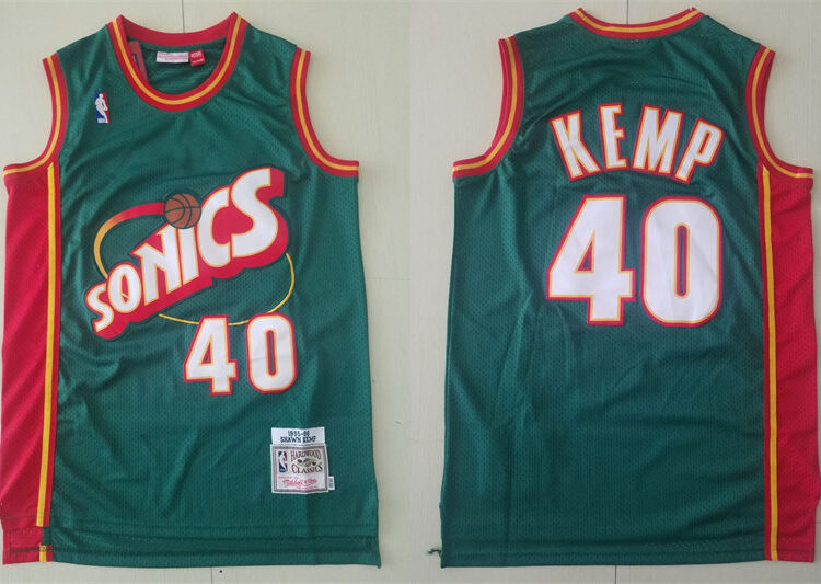 Men's Seattle Supersonics #40 Shawn Kemp Green Mitchell & Ness 1995-96 Retro 2.0  Hardwood Classics Throwback Jersey