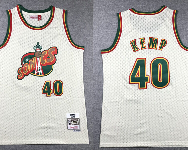 Men's Seattle Supersonics #40 Shawn Kemp Mitchell & Ness Chainstitch Swingman Jersey - Cream