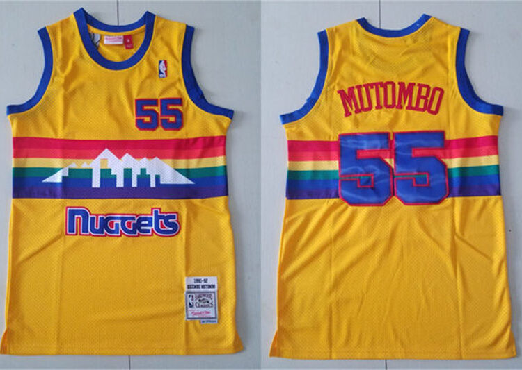 Mens Denver Nuggets #55 Dikembe Mutombo Gold Reload 2.0 Hardwood Classics Jersey