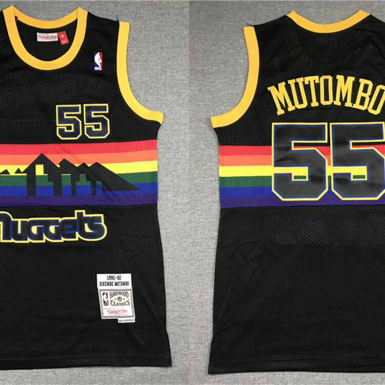 Men's Denver Nuggets #55 Dikembe Mutombo Mitchell & Ness Black 1991-92 Hardwood Classics Reload Jersey