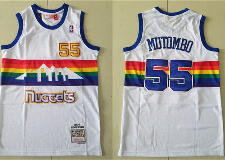 Mens Denver Nuggets #55 Dikembe Mutombo Mitchell & Ness White 1991-92 Reload Hardwood Classics Jersey
