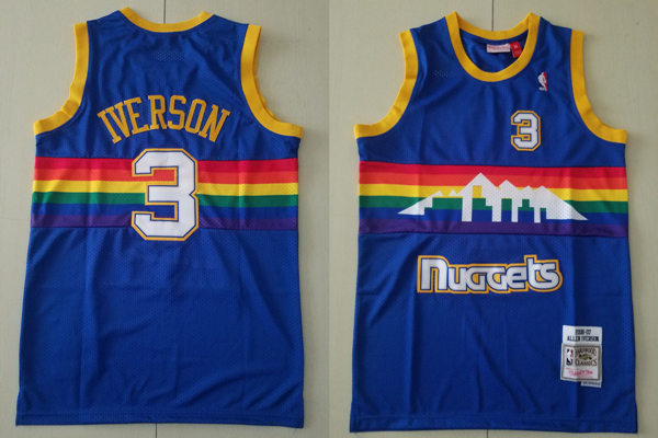 Men's Denver Nuggets Retired Player #3 Allen Iverson Stitched Blue Rainbow Mitchell&Ness 2006-2007 Hardwood Classics Swingman Jersey