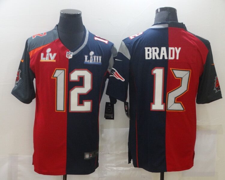 Men's Tampa Bay Buccaneers Mix New England Patriots #12 Tom Brady Super Bowl LV Champions Navy Red Nike Split Vapor Limited Jersey
