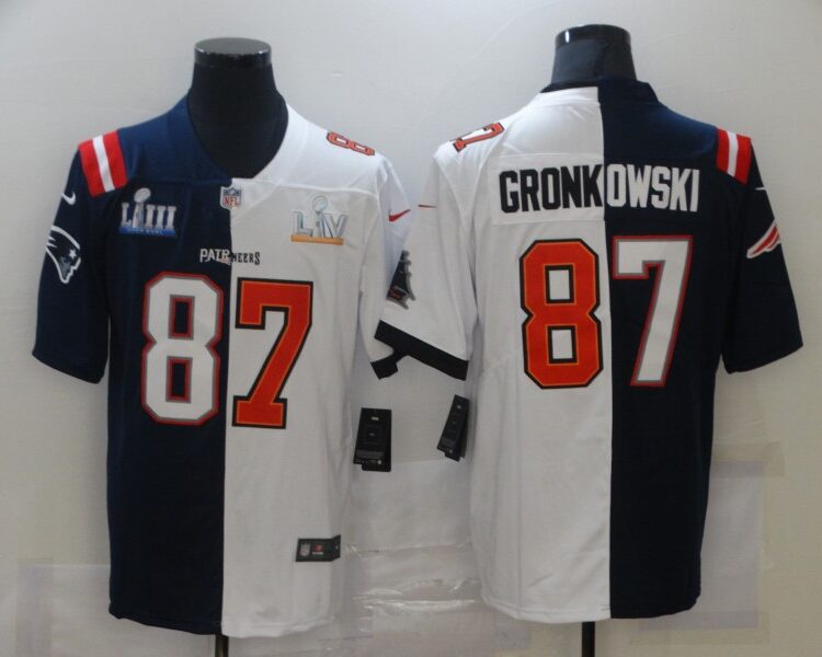 Men's Tampa Bay Buccaneers Mix New England Patriots #87 Rob Gronkowski Navy White Super Bowl LV Champions Nike Split Vapor Limited Jersey