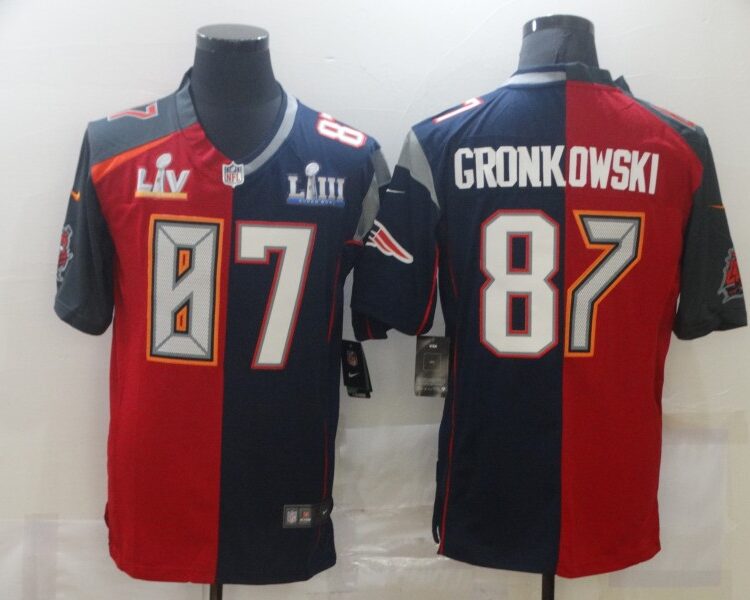 Men's Tampa Bay Buccaneers Mix New England Patriots #87 Rob Gronkowski Super Bowl LV Champions Navy Red Nike Split Vapor Limited Jersey