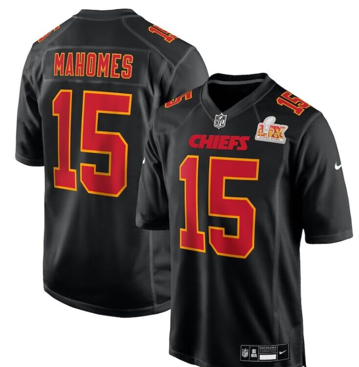 Mens Kansas City Chiefs #15 Patrick Mahomes Nike Super Bowl LIX Fashion Game Jersey Carbon Black