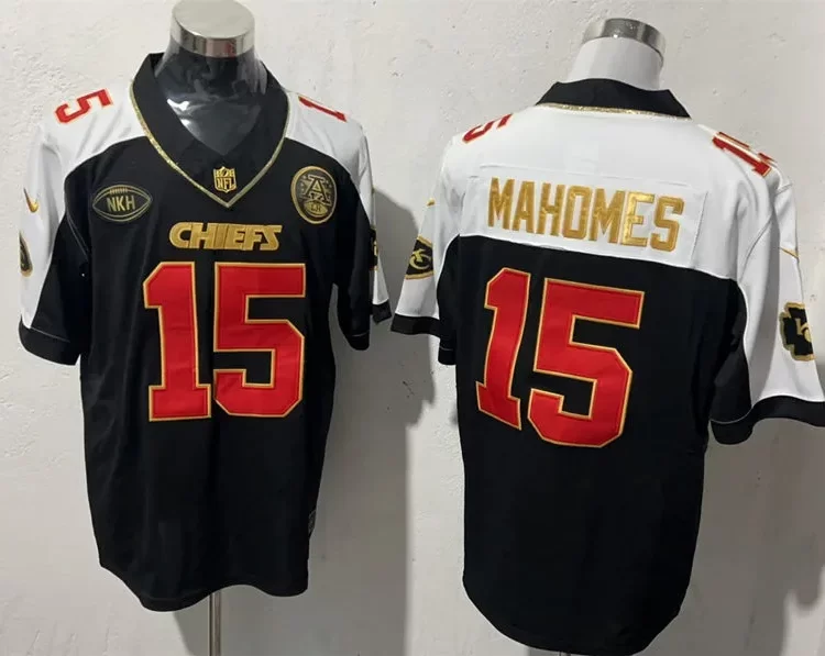 Men's Kansas City Chiefs #15 Patrick Mahomes Black White Golden Gratitude F.U.S.E. Vapor Limited Jersey