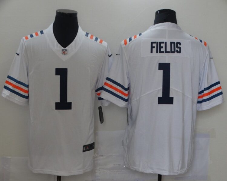Men's Chicago Bears #1 Justin Fields Nike White 100th Season Alternate Classic Limited Jersey