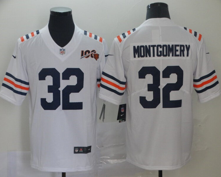 Men's Chicago Bears #32 David Montgomery Nike White 100th Season Alternate Classic Limited Jersey