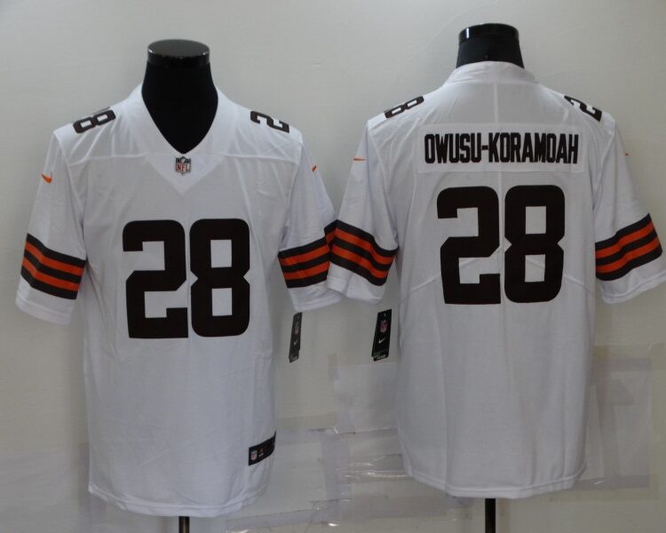 Mens Cleveland Browns #28 Jeremiah Owusu-Koramoah Nike White Away Vapor Limited Jersey