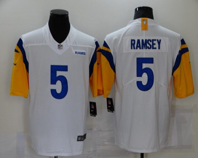 Mens Los Angeles Rams #5 Jalen Ramsey 2021 Nike White Modern Throwback Vapor Limited Jersey