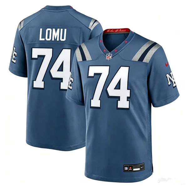 Mens New England Patriots #74 Caleb Lomu Storm Blue Rivalries Collection F.U.S.E. Limited Jersey