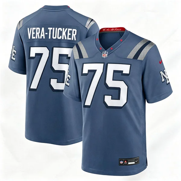 Mens New England Patriots #75 Alijah Vera-Tucker Storm Blue Rivalries Collection F.U.S.E. Limited Jersey