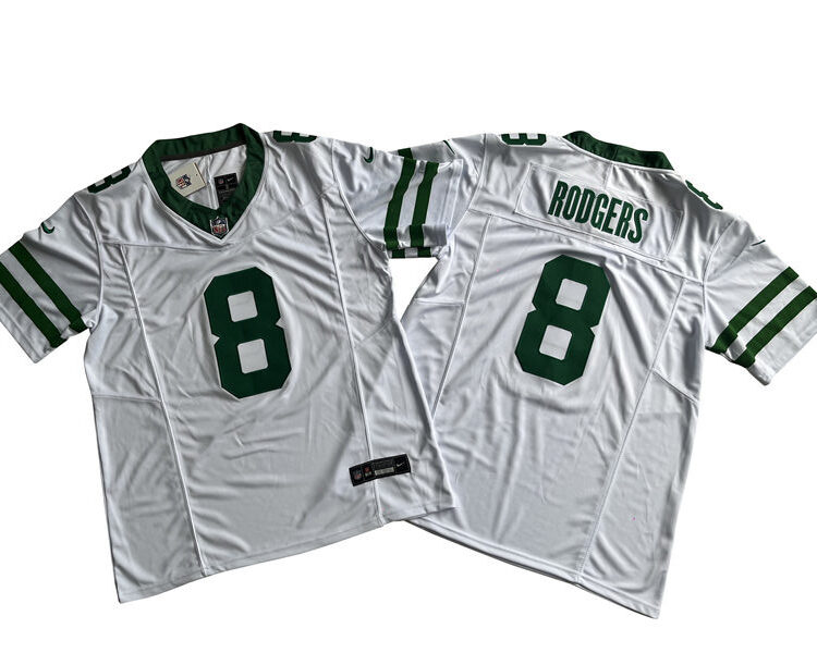 Mens New York Jets #8 Aaron Rodgers Nike White Legacy 2023 Vapor F.U.S.E. Limited Jersey