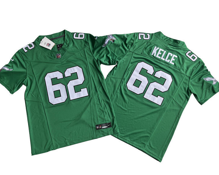 Mens Philadelphia Eagles #62 Jason Kelce 2023 Kelly Green 1996 Retro Nike Vapor F.U.S.E. Limited Jersey