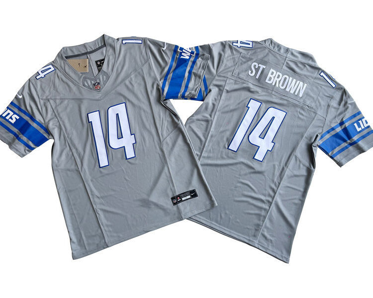 Mens Detroit Lions #14 Amon-Ra St. Brown Nike Steel Alternate 2023 F.U.S.E. Vapor Limited Jersey