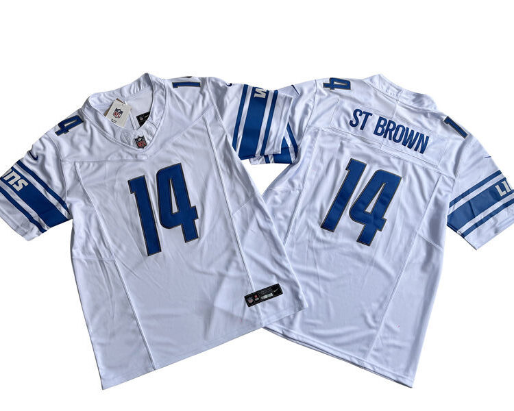 Mens Detroit Lions #14 Amon-Ra St. Brown Nike White 2023 F.U.S.E. Vapor Limited Jersey