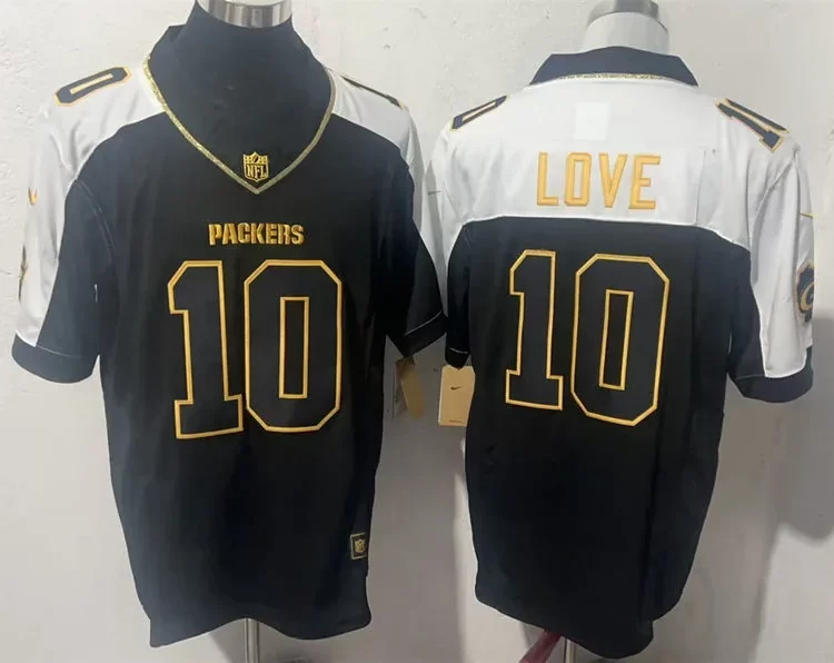 Mens Green Bay Packers #10 Jordan Love Black White Golden Gratitude F.U.S.E. Vapor Limited Jersey