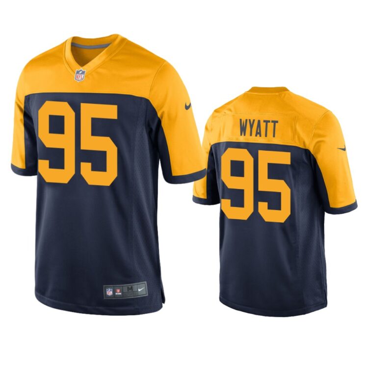 Mens Green Bay Packers #95 Devonte Wyatt  Nike Navy Gold Throwback Limited Jersey