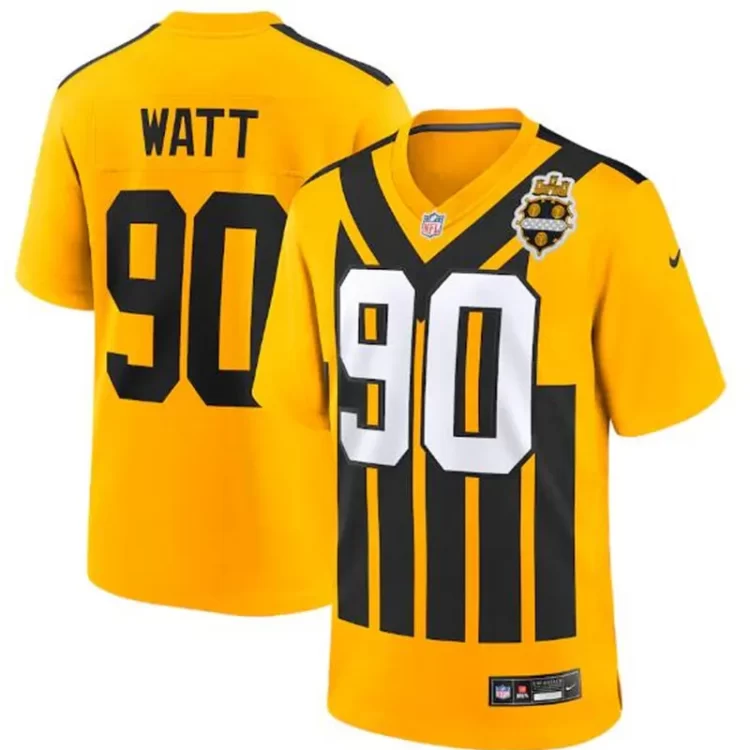 Mens Pittsburgh Steelers #90 T.J. Watt Nike Gold Alternate 1933 Throwback Game Jersey