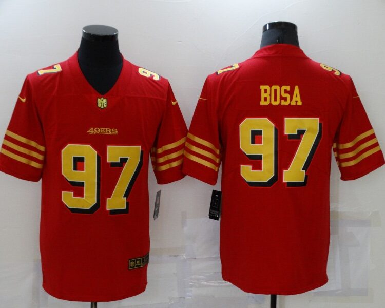 Mens San Francisco 49ers #97 Nick Bosa Nike Scarlet Gold Vapor Limited Jersey