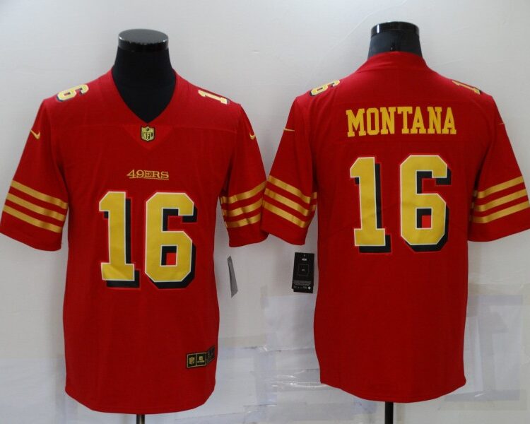Mens San Francisco 49ers Retired Player #16 Joe Montana Nike Scarlet Gold Vapor Limited Jersey