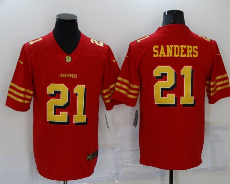 Mens San Francisco 49ers Retired Player #21 Deion Sanders Nike Scarlet Gold Vapor Limited Jersey