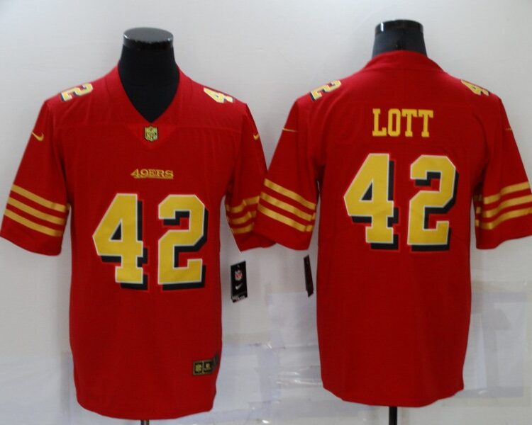 Mens San Francisco 49ers Retired Player #42 Ronnie Lott Nike Scarlet Gold Vapor Limited Jersey