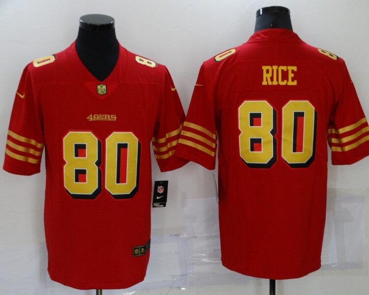 Mens San Francisco 49ers Retired Player #80 Jerry Rice Nike Scarlet Gold Vapor Limited Jersey