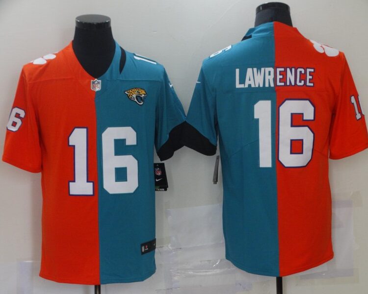 Mens Jacksonville Jaguars #16 Trevor Lawrence Nike Teal Red Split Two Tone Jersey