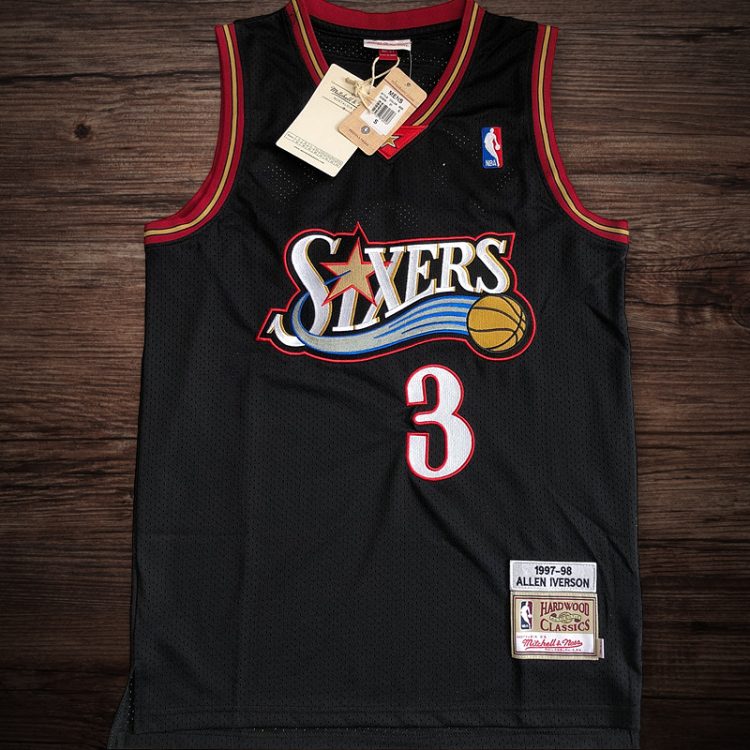 Men's 76ers #3 Allen Iverson 1997-98 Black All Stitched Jersey
