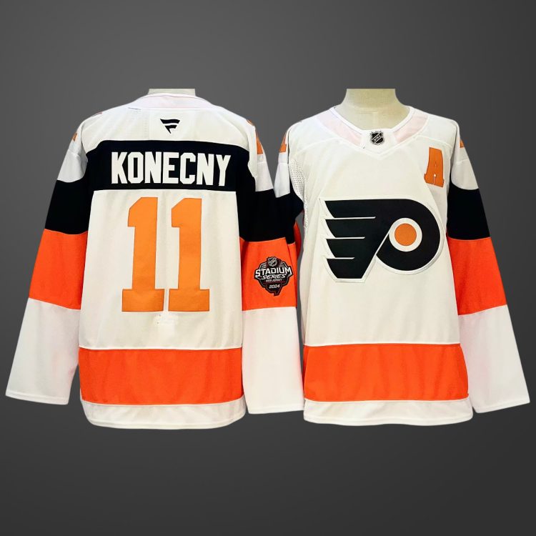 Men's Philadelphia Flyers #11 Travis Konecny White 2024-25 With A Patch Stitched Jersey