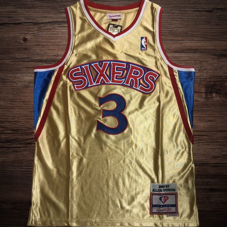 Men's Philadelphia 76ers 1996/97 #3 Allen Iverson Gold Limited Edition Jersey