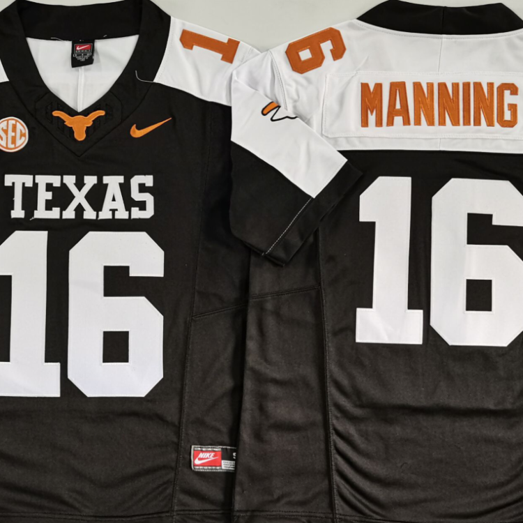 Texas Longhorns Black+White #16 MANNING Stitched Jeresy