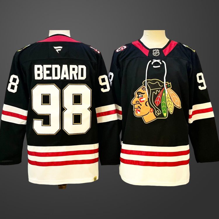 Men's Chicago Blackhawks #98 Connor Bedard Black Centennial Stitched Hockey Jersey