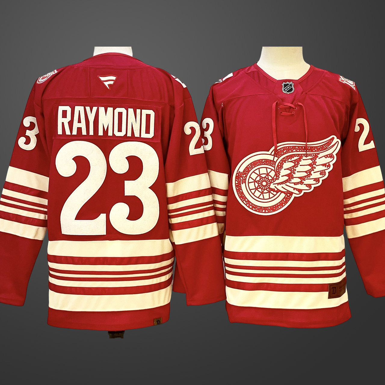 Men's Detroit Red Wings #23 Lucas Raymond Red 2025-26 Centennial Premium Stitched Jersey