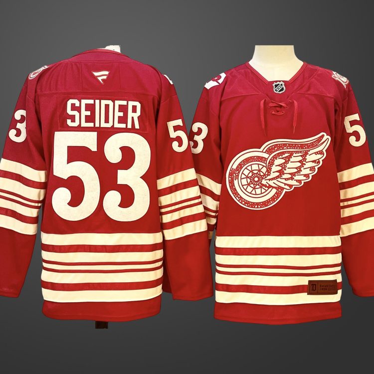 Men's Detroit Red Wings #53 Moritz Seider Red 2025-26 Centennial Premium Stitched Jersey