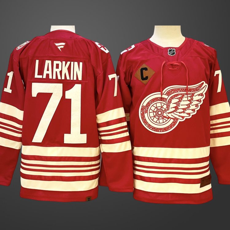 Men's Detroit Red Wings #71 Dylan Larkin Red 2025-26 With C Patch Centennial Premium Stitched Jersey