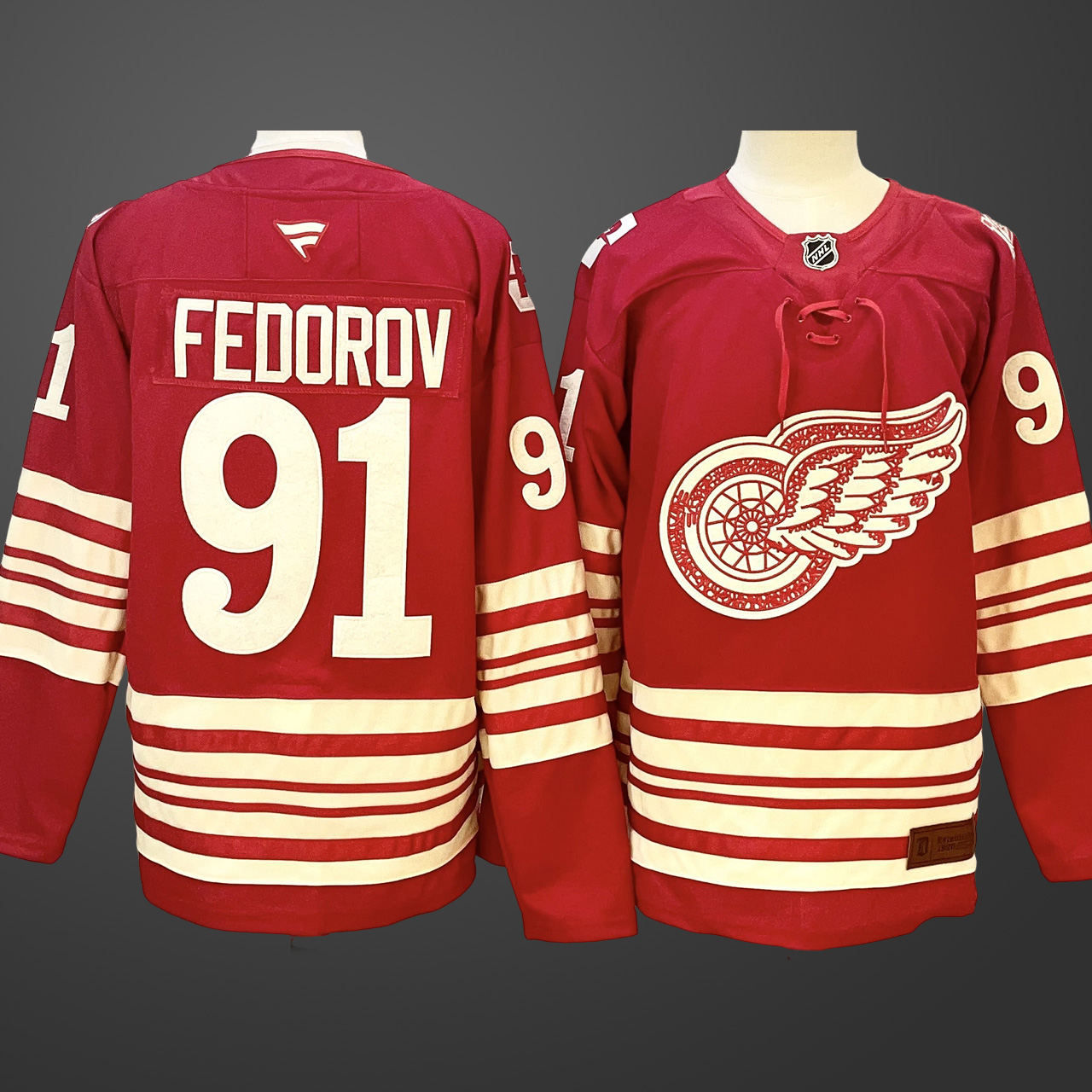 Men's Detroit Red Wings #91 Sergei Fedorov Red 2025-26 Centennial Premium Stitched Jersey