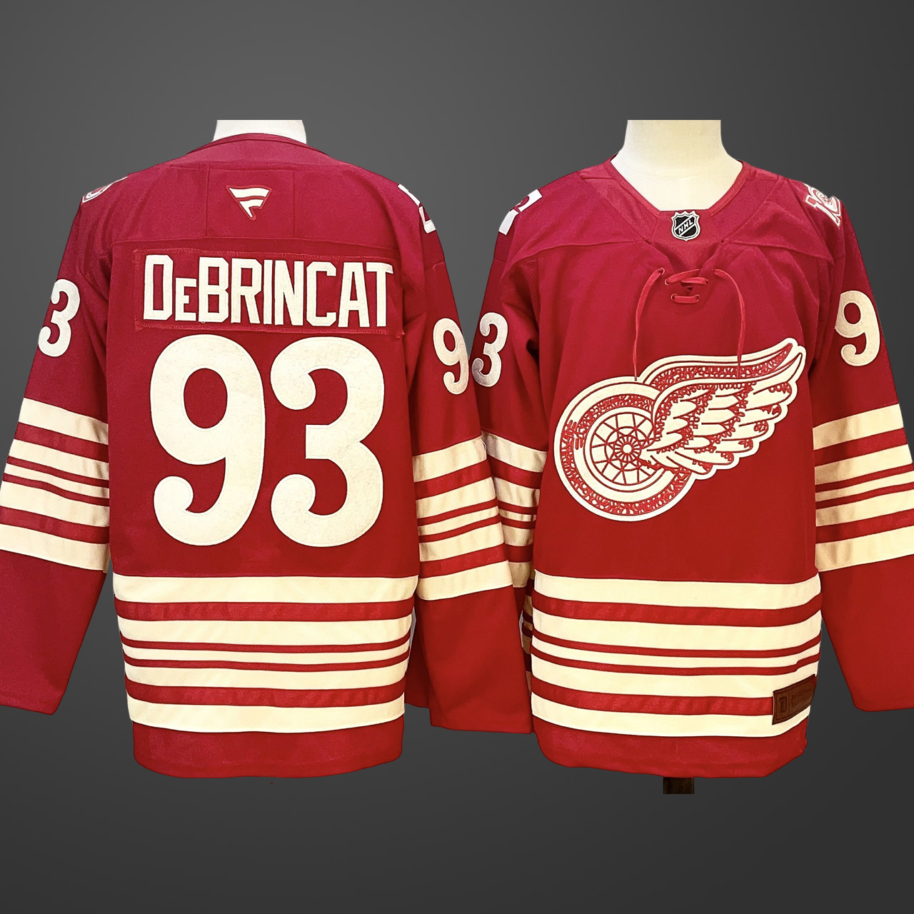 Men's Detroit Red Wings #93 Alex DeBrincat Red 2025-26 Centennial Premium Stitched Jersey