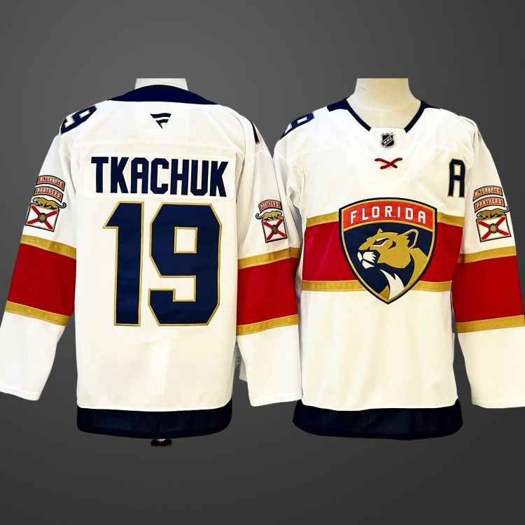 Men's Florida Panthers #19 Matthew Tkachuk White 2024-25 Home With A Patch Stitched Jersey