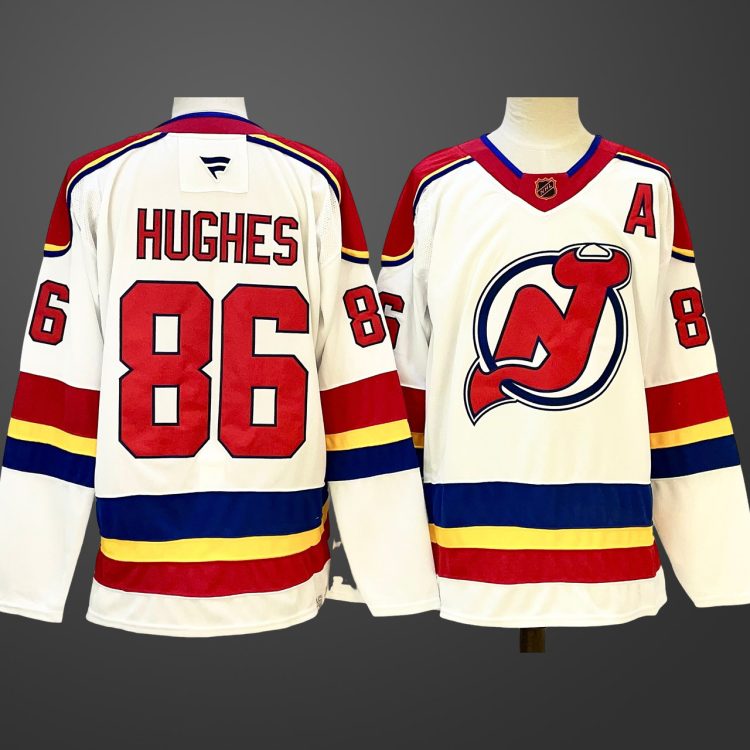 Men's New Jersey Devils #86 Jack Hughes WhiteRed 2024-25 With A Patch Stitched Hockey Jersey