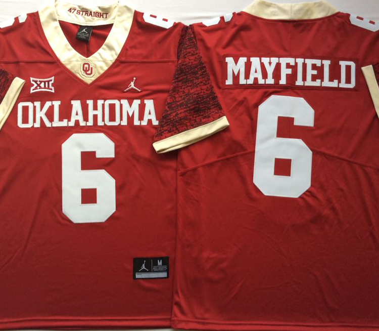 Oklahoma Sooners Red White #6 MAYFIELD Stitched Jersey