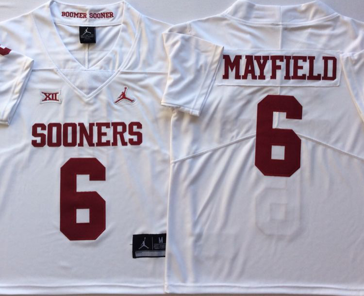 Oklahoma Sooners White 6 MAYFIELD Stitched Jersey