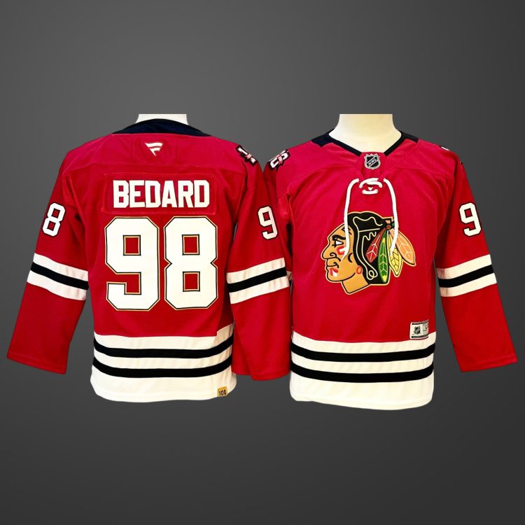 Youth Chicago Blackhawks #98 Connor Bedard Red Stitched 100th Hockey Jersey