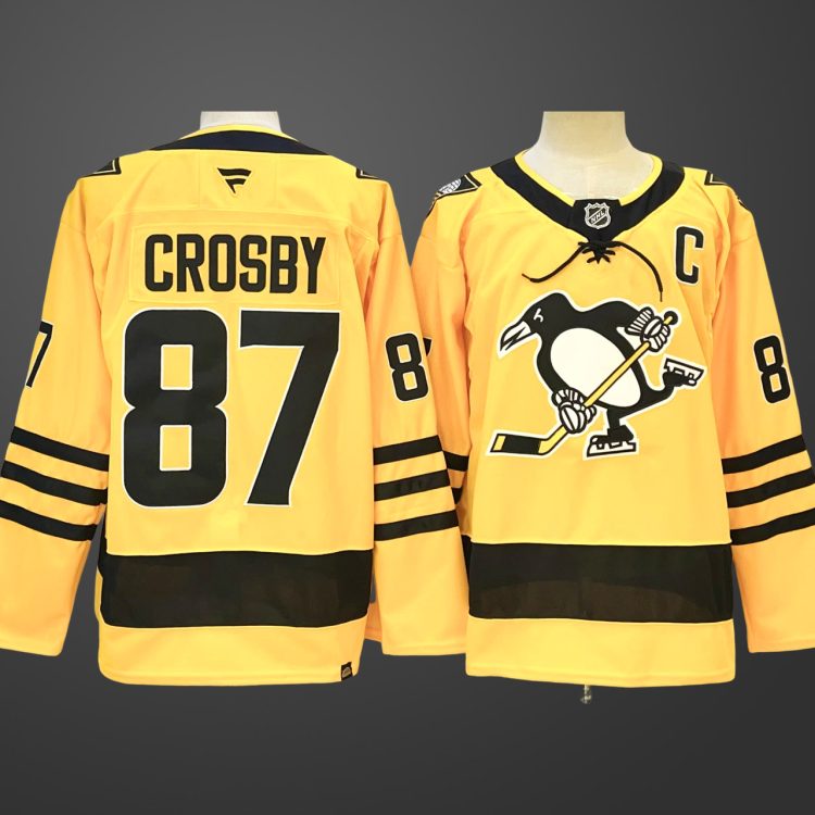Men's Pittsburgh Penguins #87 Sidney Crosby Gold 2025/26 With C Patch Alternate Stitched Hockey Jersey