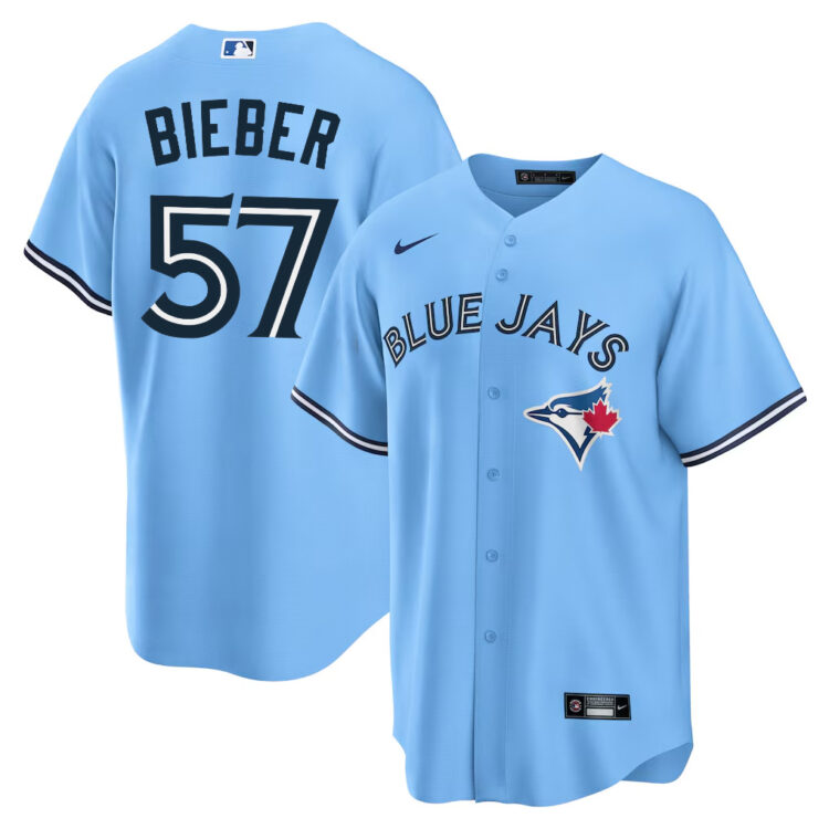 Men's Toronto Blue Jays Shane Bieber #57 Powder Blue Jersey