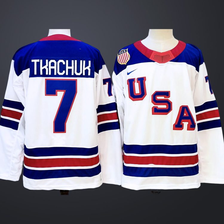Men's #7 TKACHUK Team USA 2026 White Away Stitched Jersey